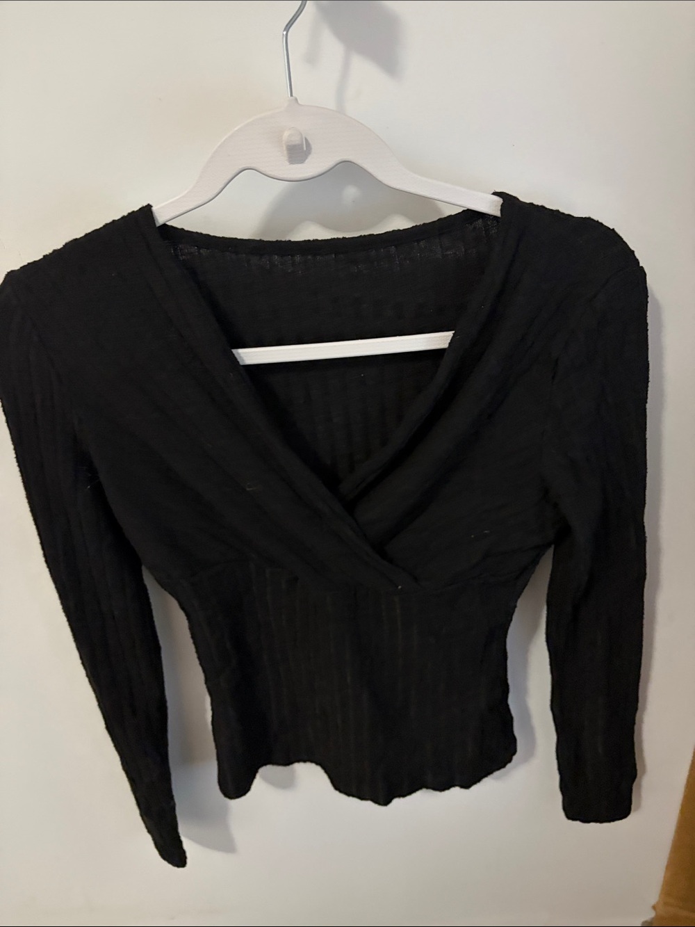 Women's Black Ribbed Wrap-Front Top